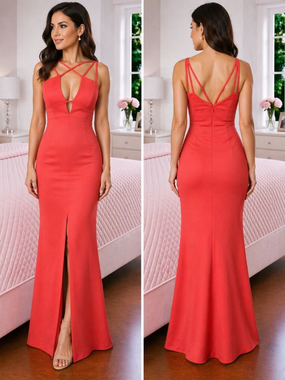 BCBGMaxAzria Red Strappy Deep V-Neck Formal Gown $395